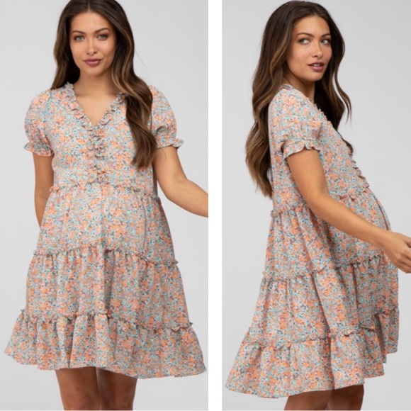Pinkblush | Dresses | Peach Floral Ruffle Accent Tiered Maternity Dress ...